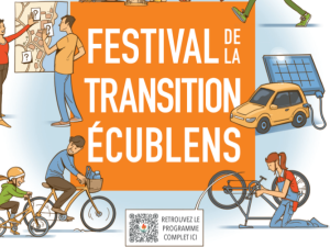 Affiche du festival de la transition - personnages à vélo, voiture électrique, etc